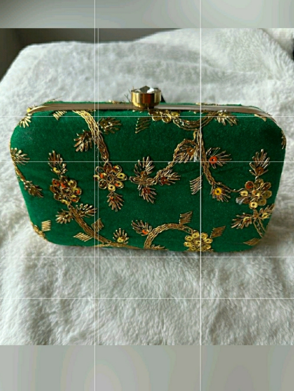 Tooba Handicraft Green Velvet Clutch Bag with a Gold Thread Embroidery & a Chain